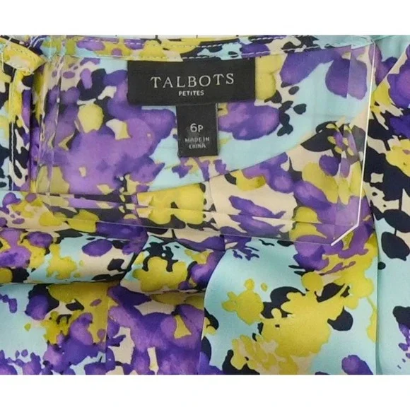 Talbots Blouse Women's Size 6P Aqua Blue Floral 100% Silk Pleated Top Petite - Picture 4 of 7